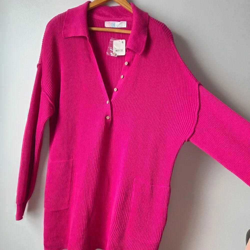 NWT FREE PEOPLE BEACH HOT PINK 1/2 BUTTONED LINEN/COTTON BLEND SWEATER SIZE M